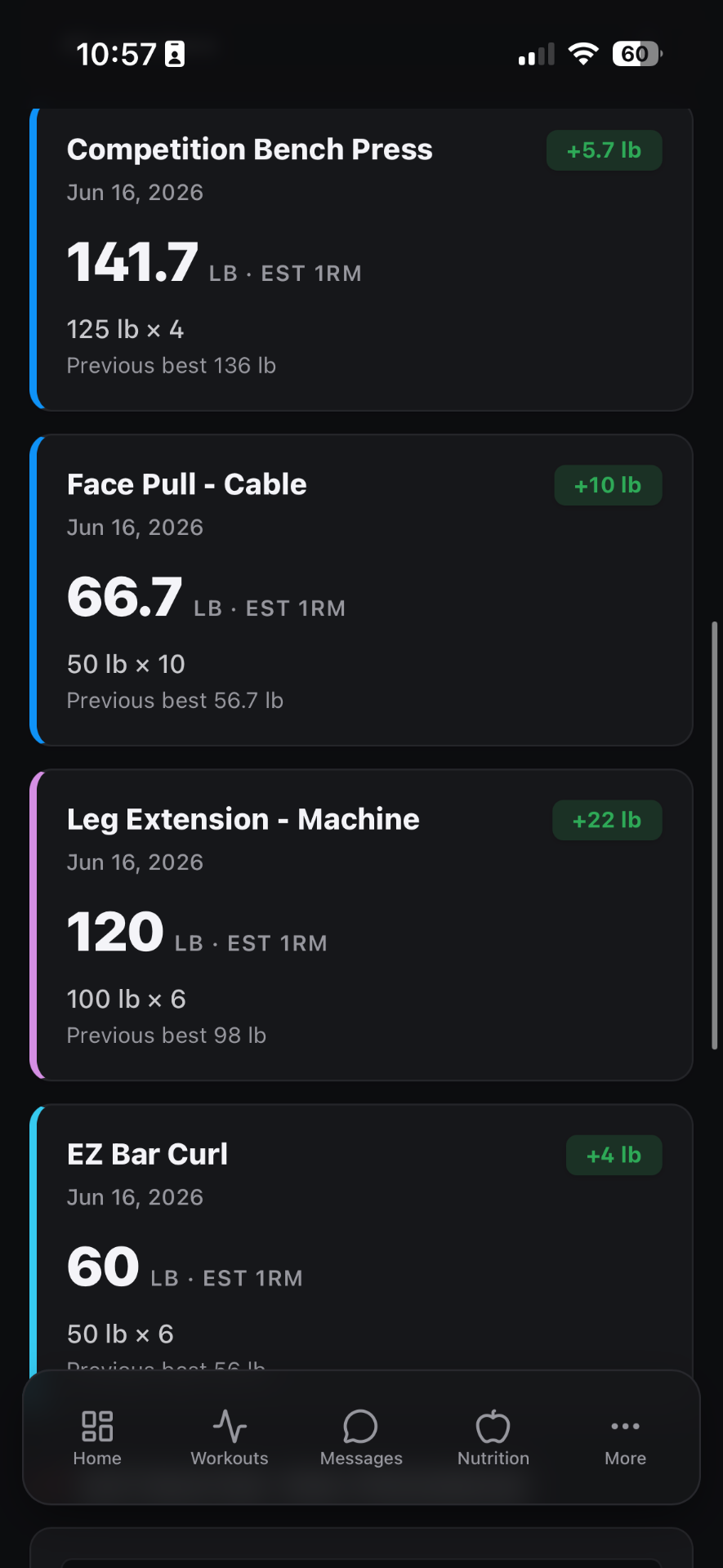 Recent PRs — every breakthrough, dated and stacked against your previous best